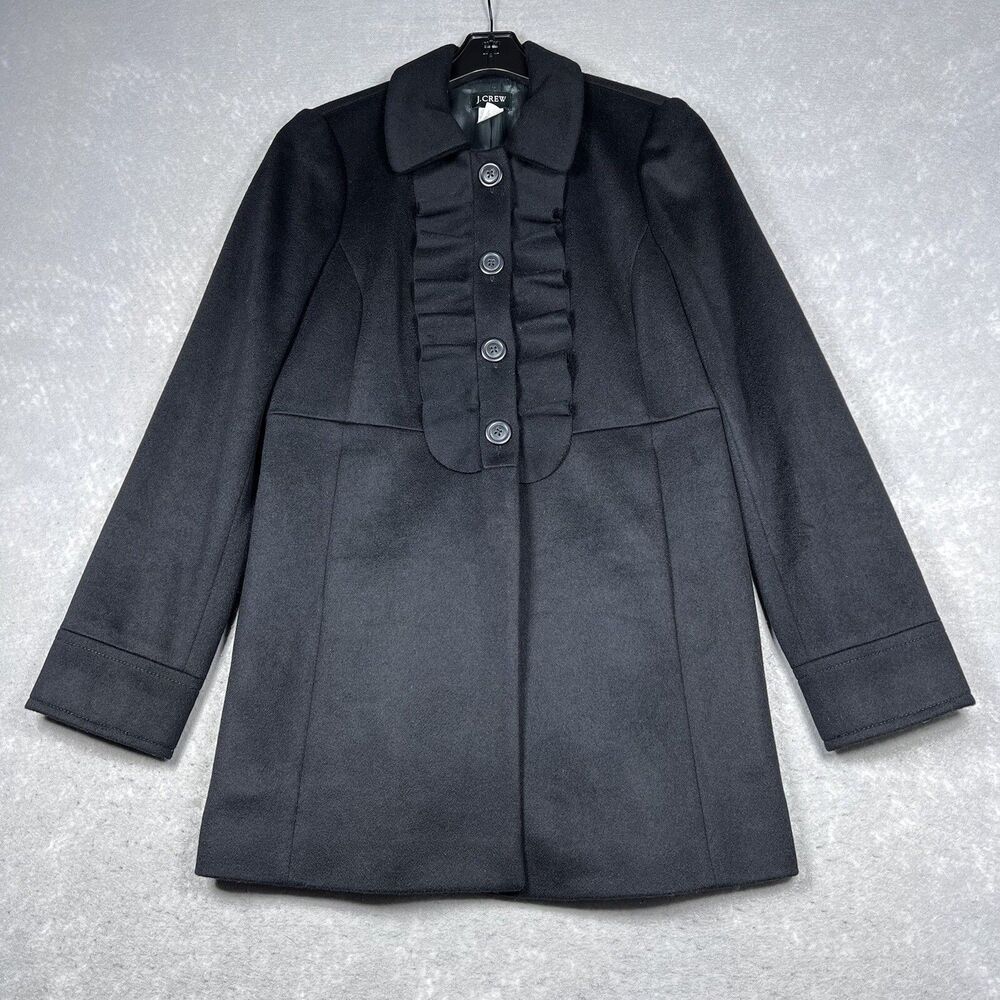 J CREW Coat Jacket Women’s 8 Black Ruffle Front Wool Blazer Lined Beautiful Coat